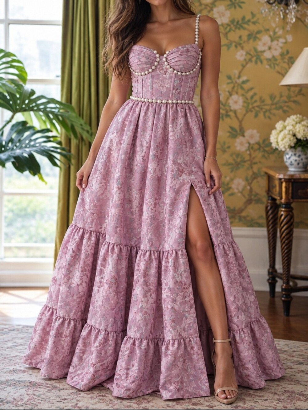 Orchid Haze Baroque Floral Dress Jacquard Mauve Wedding Guest HoCo Prom L 12 14